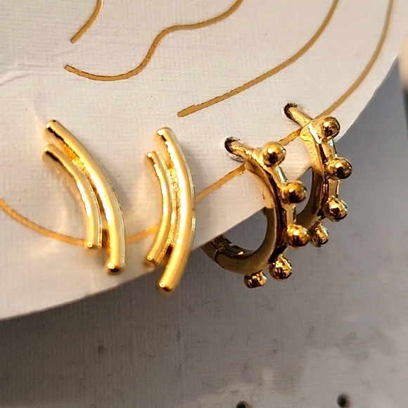 NEW Gold-Plated Earrings 2 Pairs! Studded Huggie Hoops & Curved Double Bar Studs - Picture 3 of 12